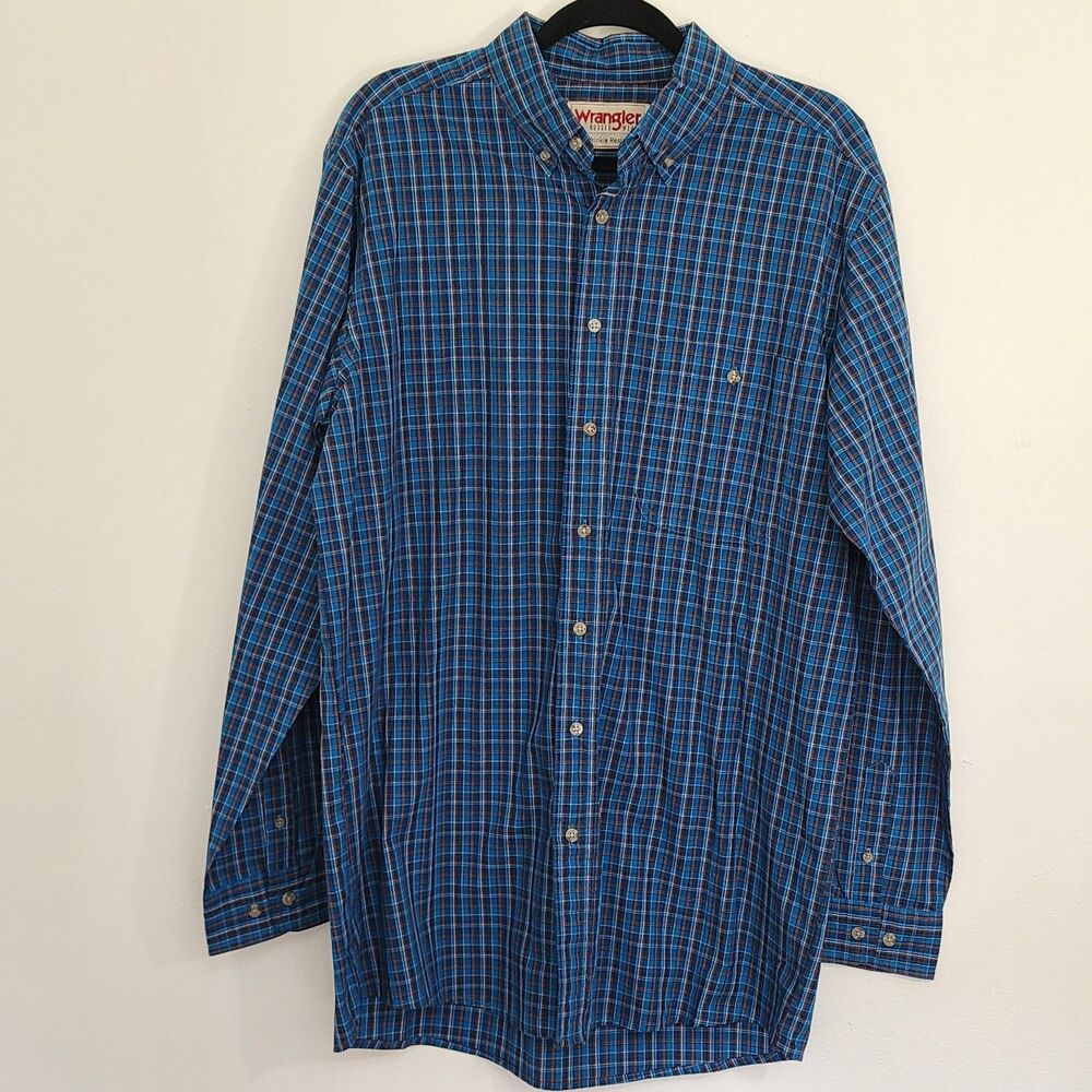 Wrangler Rugged Wear Men's Wrinkle Resist Button Up Shirt Sz. LT Tall Blue Plaid